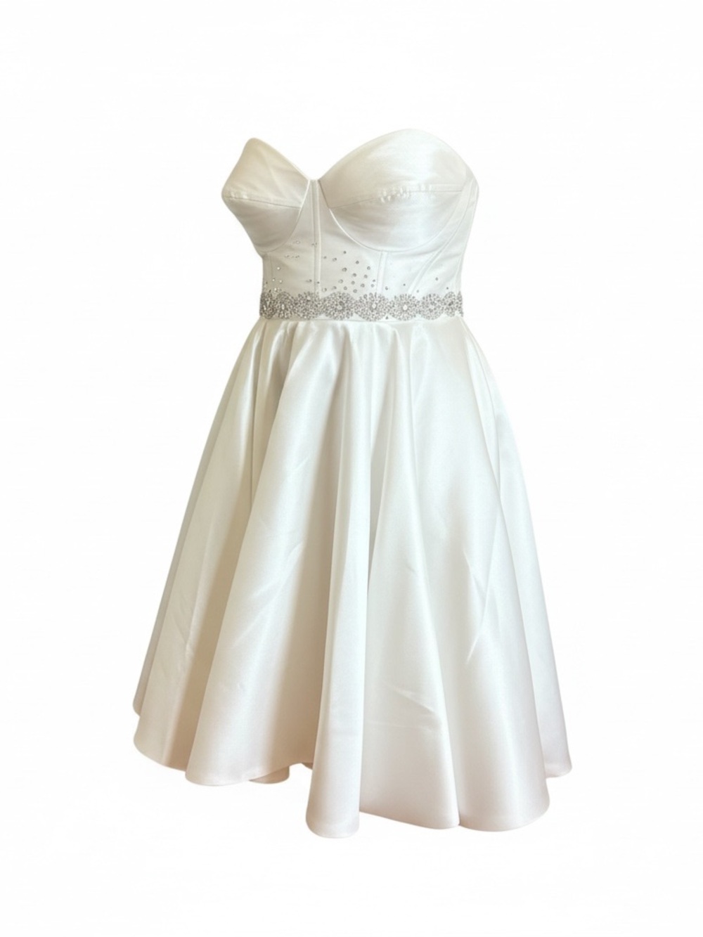 Strapless White Satin Fit-and-Flare Dress with Embellished Waist